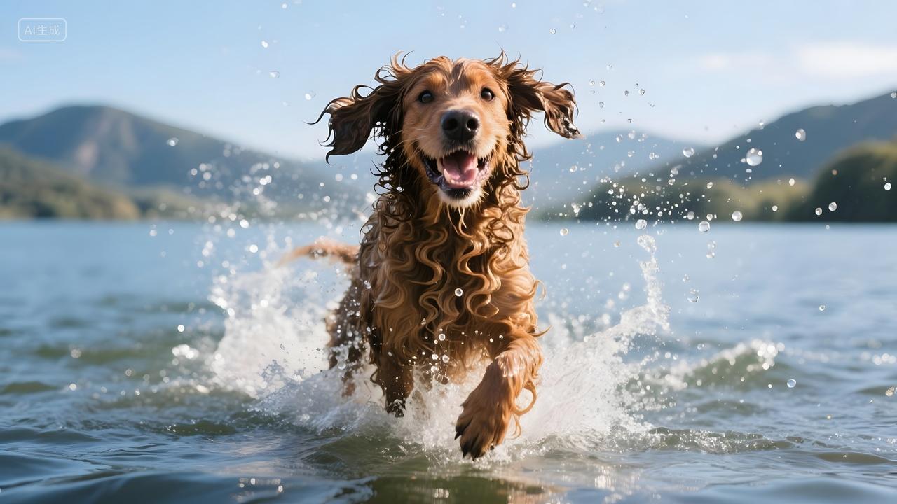 葡萄牙水猎犬宠物狗在湖水中欢快地奔跑嬉戏