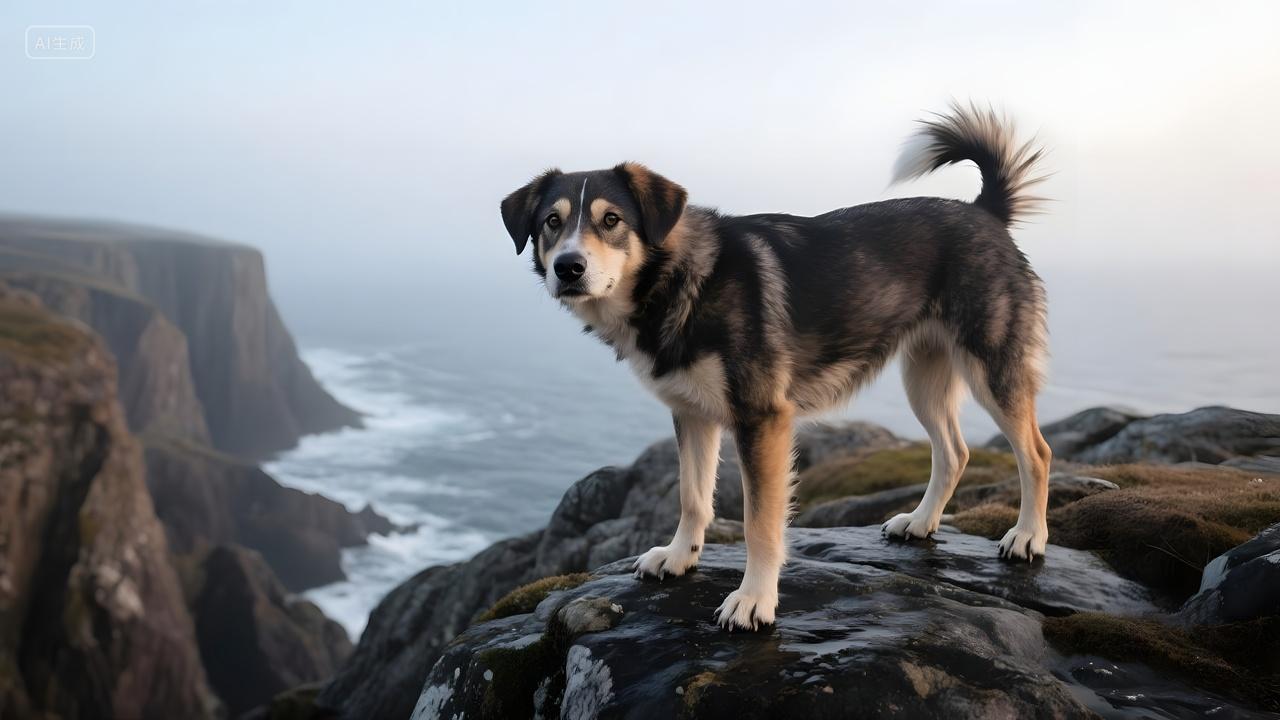 挪威伦德猎犬宠物狗站在海边悬崖上眺望远景