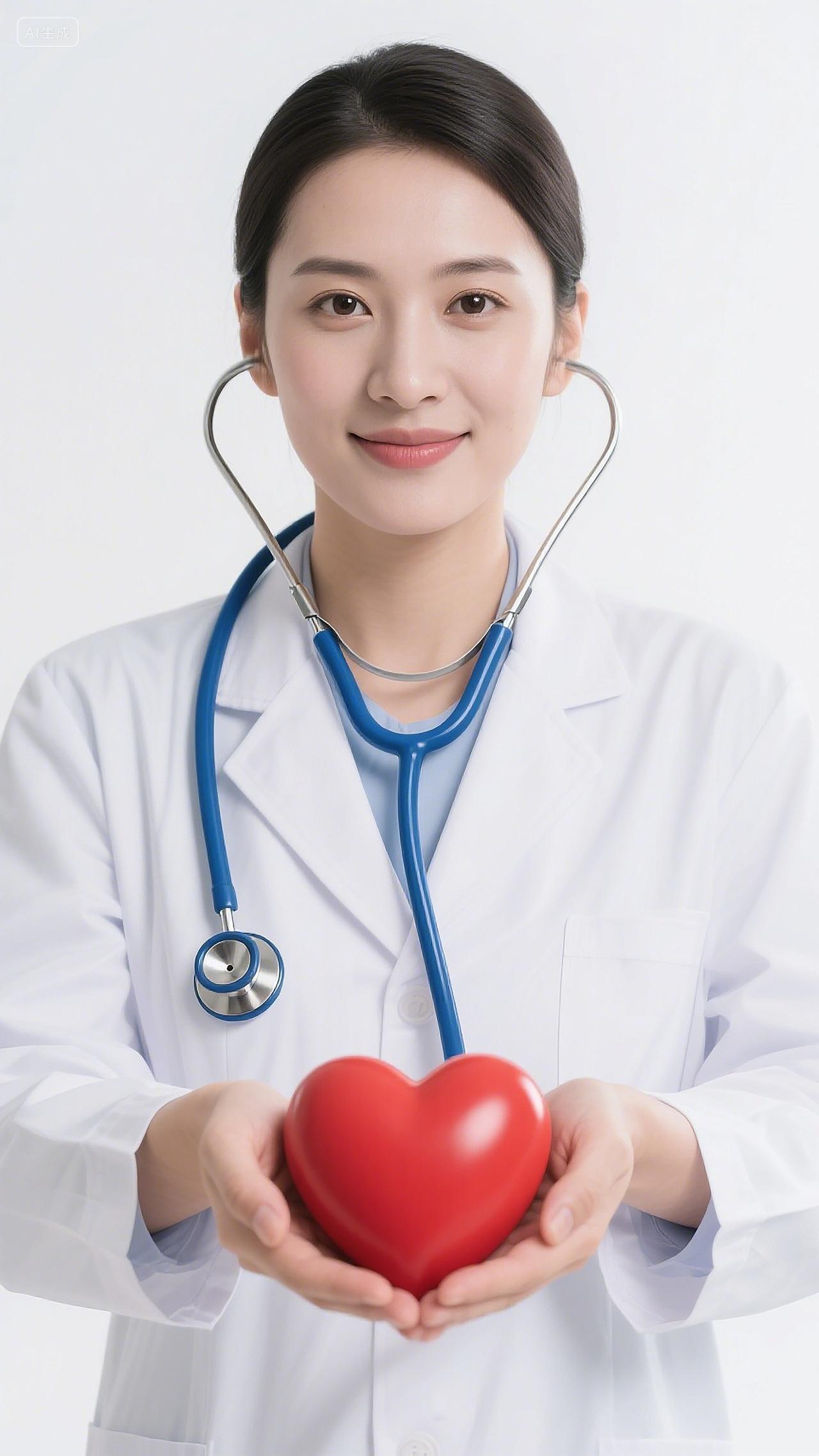医疗行业身着白色医生服的医疗工作者职业形象与手中爱心关爱生命