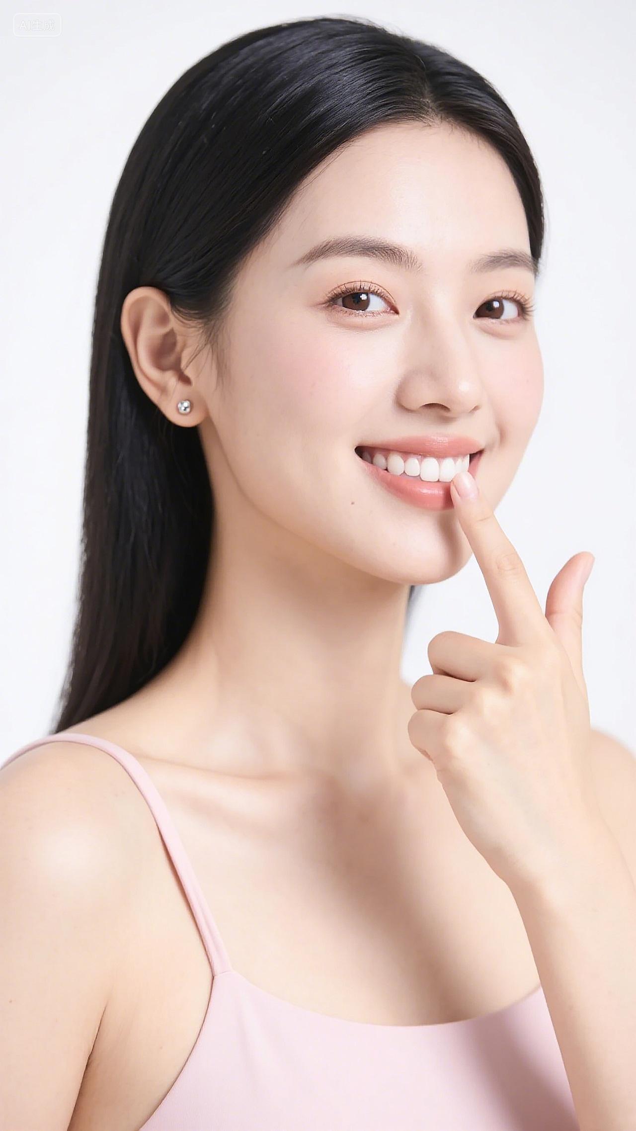 一位身着浅粉色吊带衫的微笑女性牙齿护理爱牙日个人形象管理自信