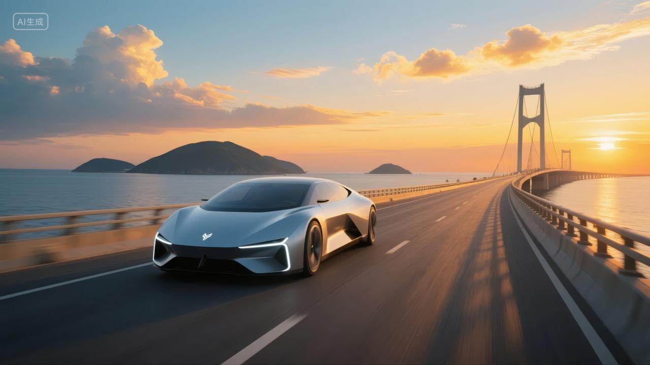 未来汽车跨海大桥日落自动驾驶科技出行背景