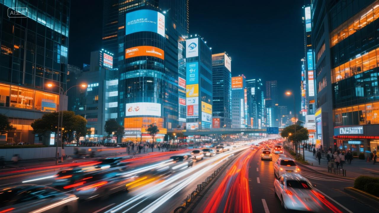 城市夜景车流霓虹灯繁华都市生活背景图