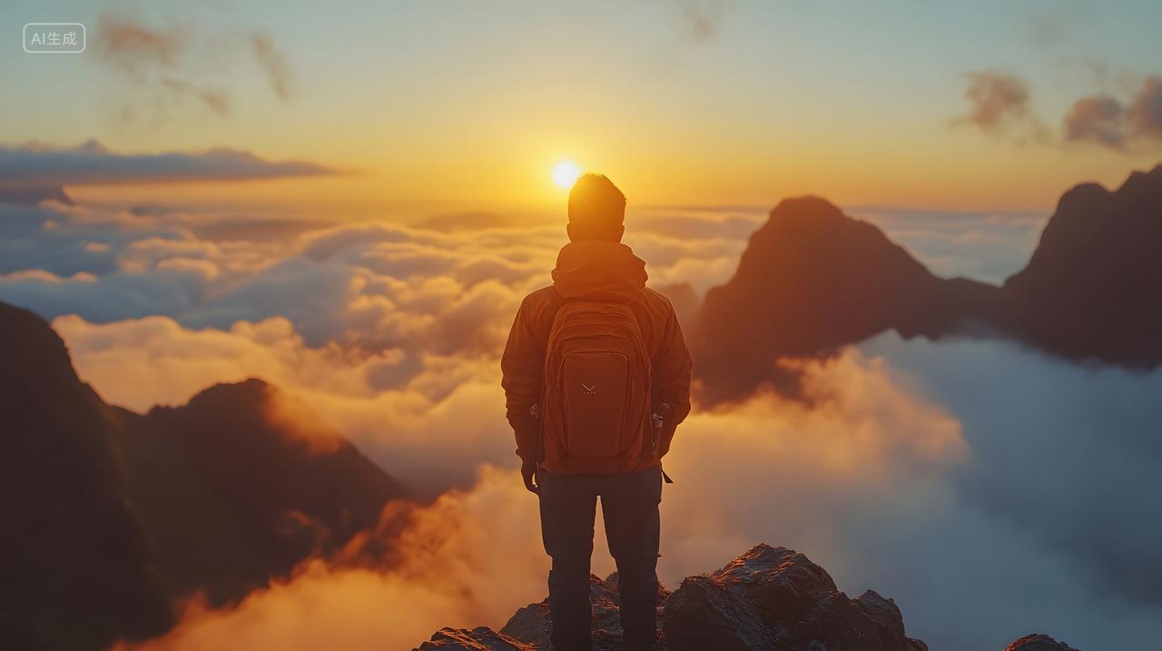 背包者立山巅沐落日瞰云海群山