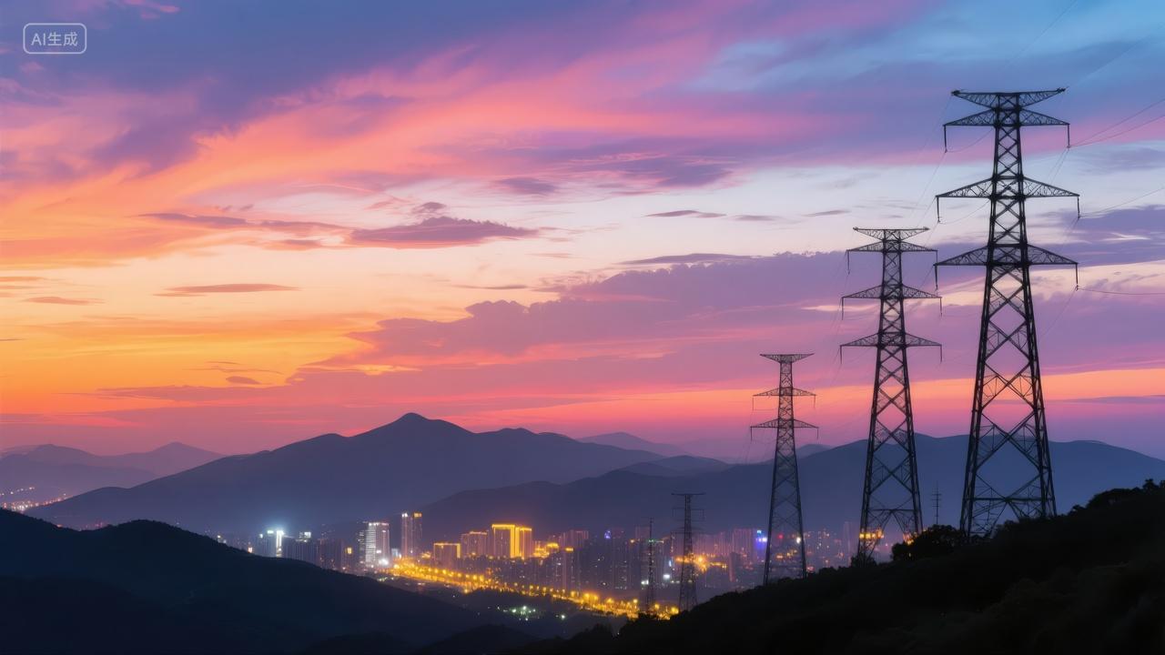 能源电力铁塔输电线日落工业发展科技背景