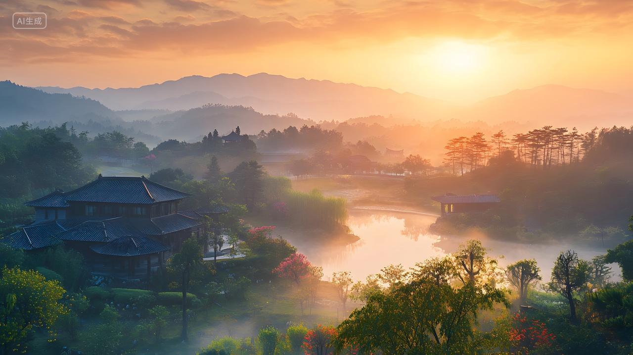 日出时分山水古建共绘诗意晨景