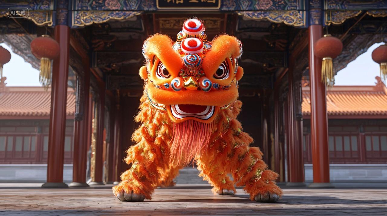 传统建筑前橙红色醒狮威风凛凛