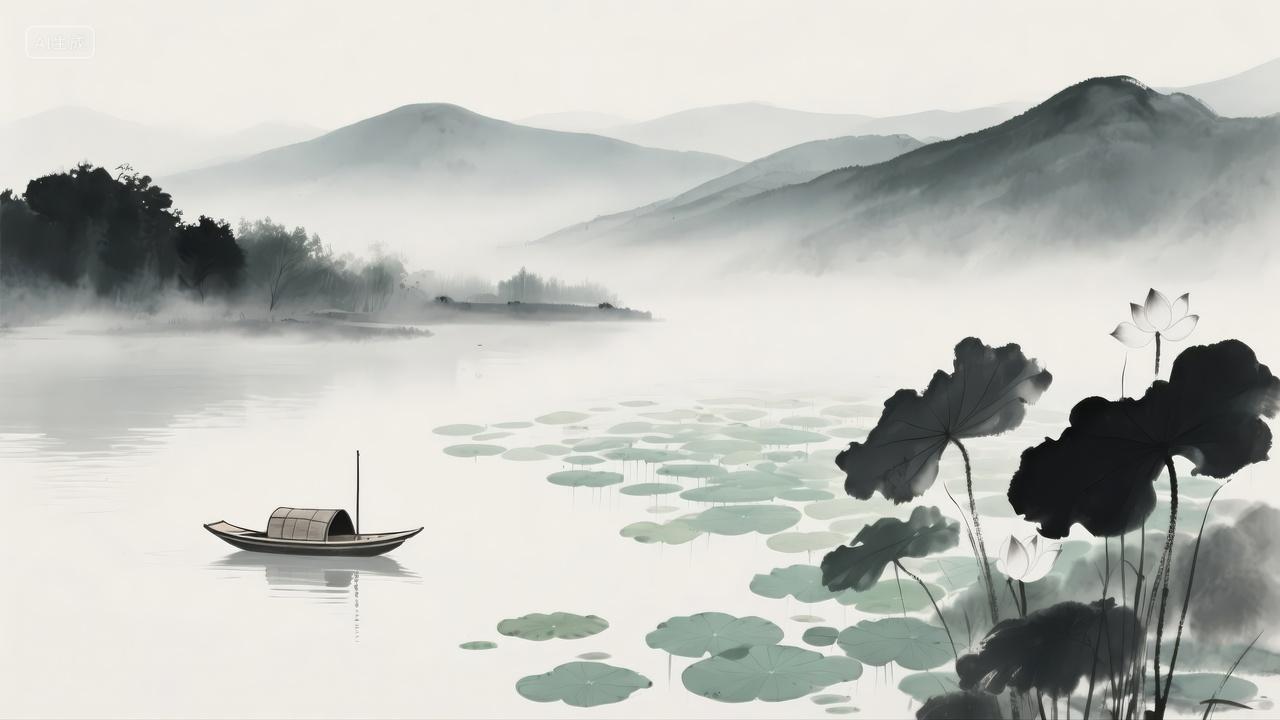 水墨江南小暑节气禅意游船风景文化旅游背景