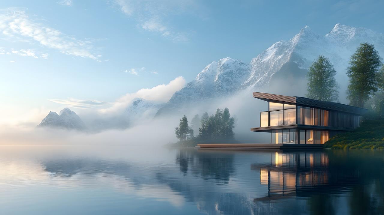 山水湖畔现代建筑与自然美景相融