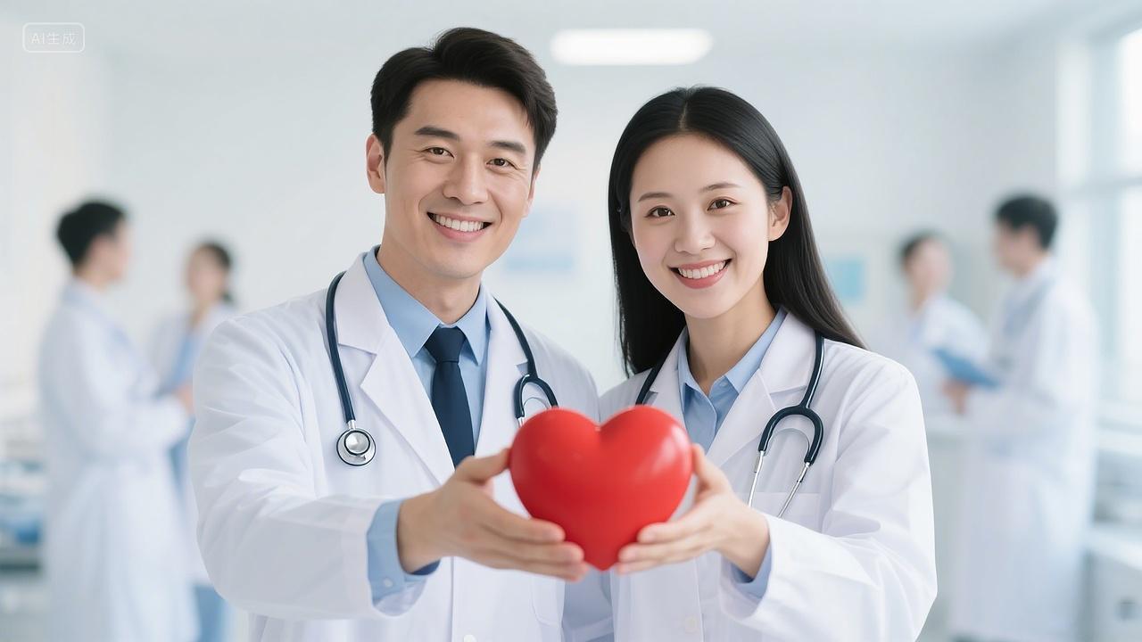 医疗场景两位身着白大褂佩戴听诊器的医护人员托举着红色爱心