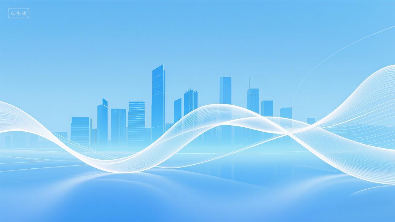 蓝色简约科技感动感波浪线条曲线城市剪影建筑背景