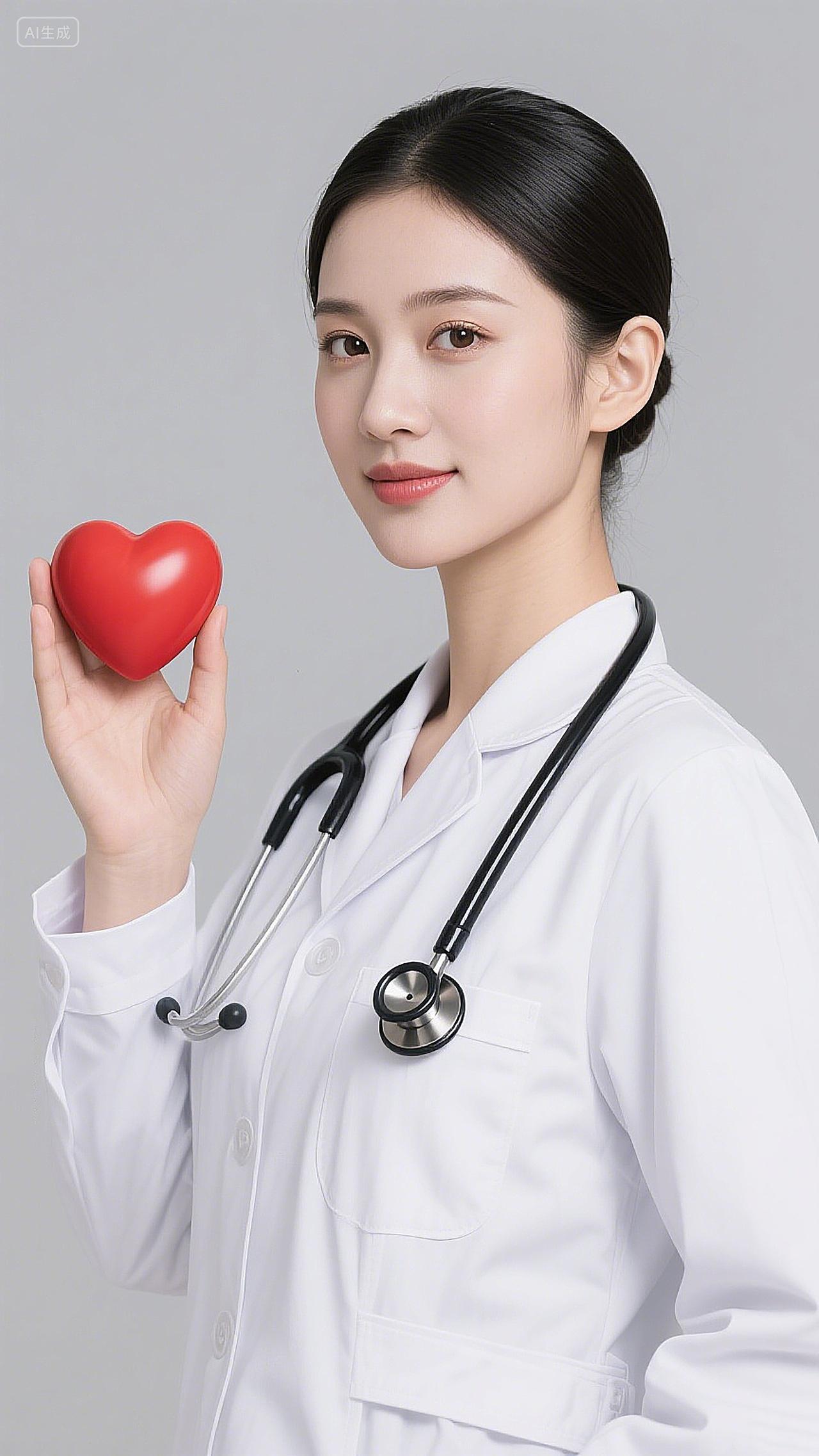 身着医护制服女性医护人员掌心放置红色爱心模型心脏健康医疗关怀