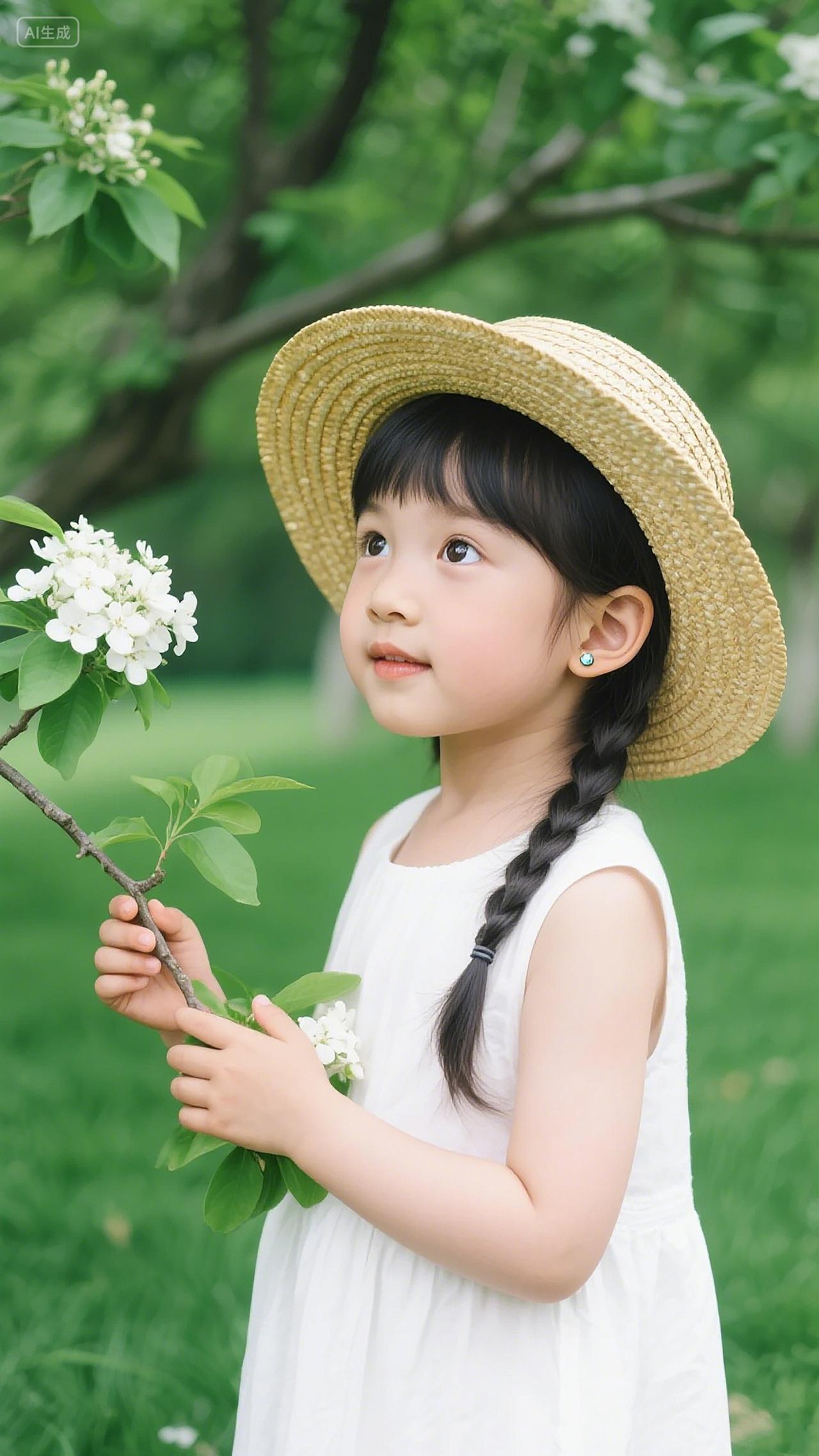 户外一位小女孩戴着草帽梳着麻花辫身穿白色连衣裙拿着花朵的树枝