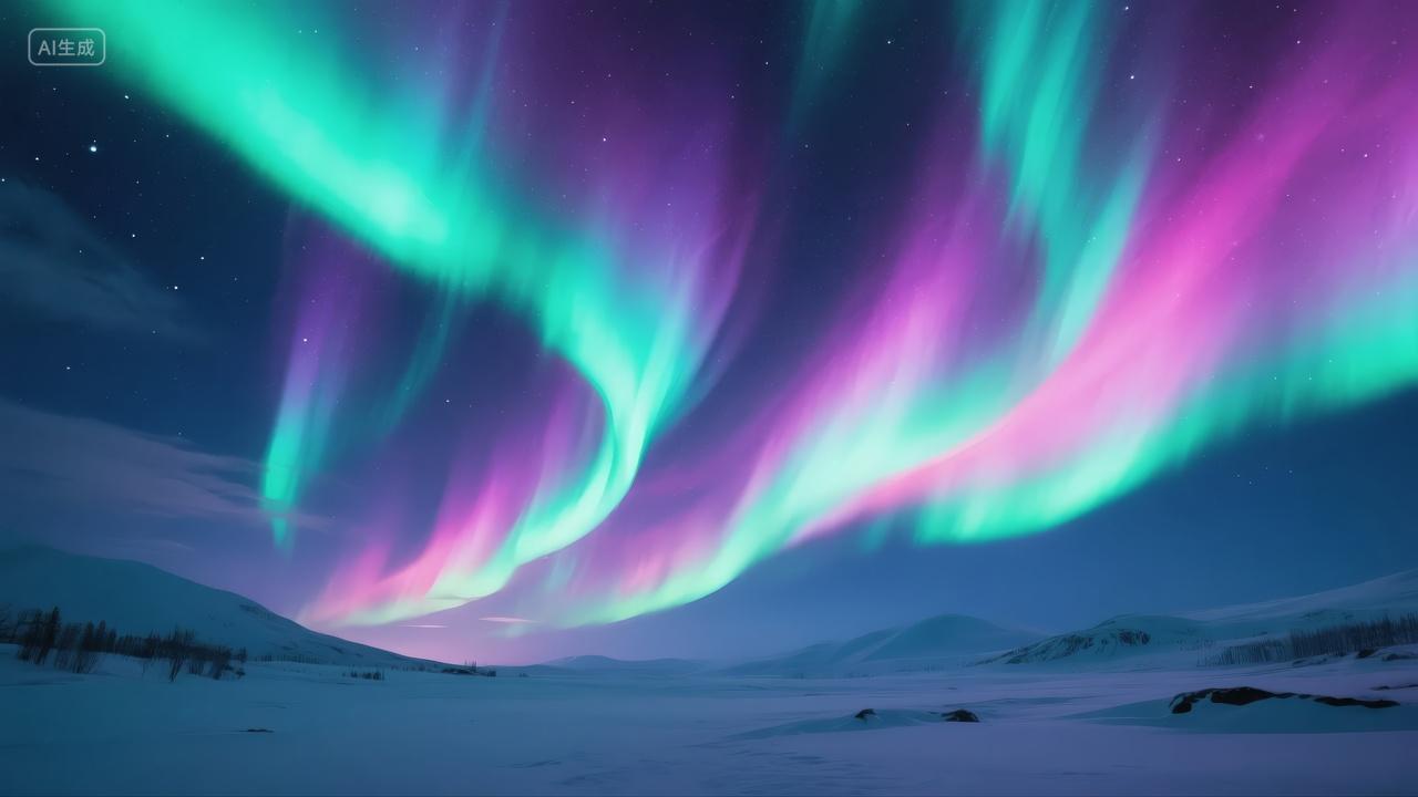 冬至节气北极光星空雪山奇幻自然背景图