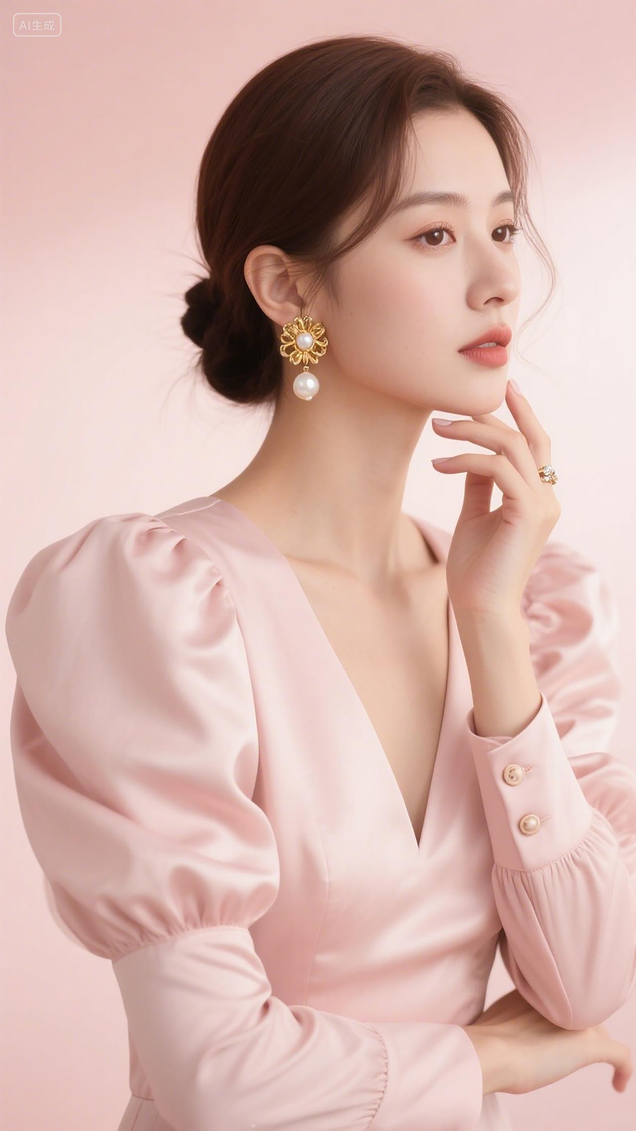 医美美容整形女模特浅粉背景粉色泡泡袖礼服佩戴珍珠花形耳饰戒指