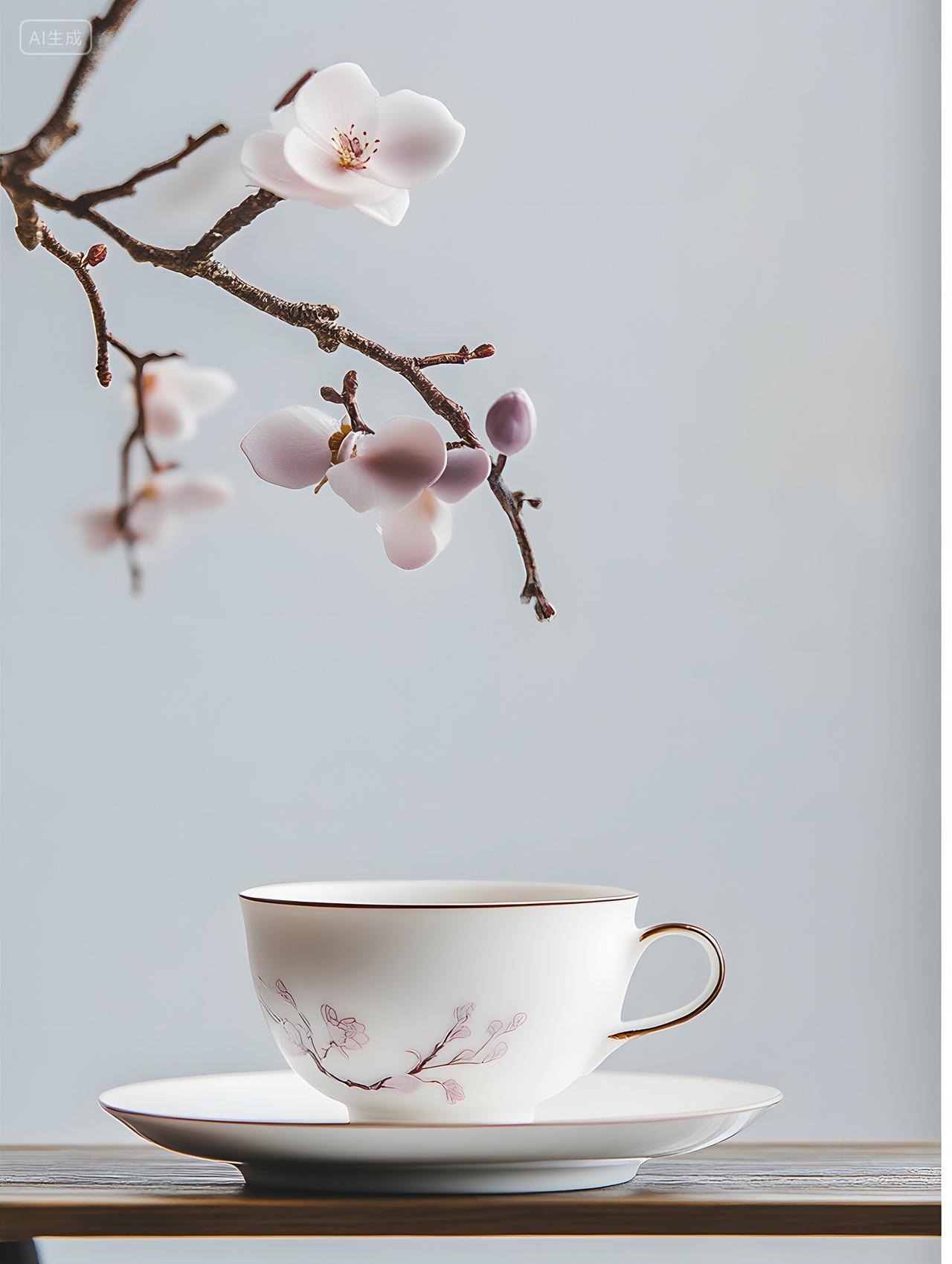 浅粉花枝垂落精致瓷杯静放尽显东方雅韵
