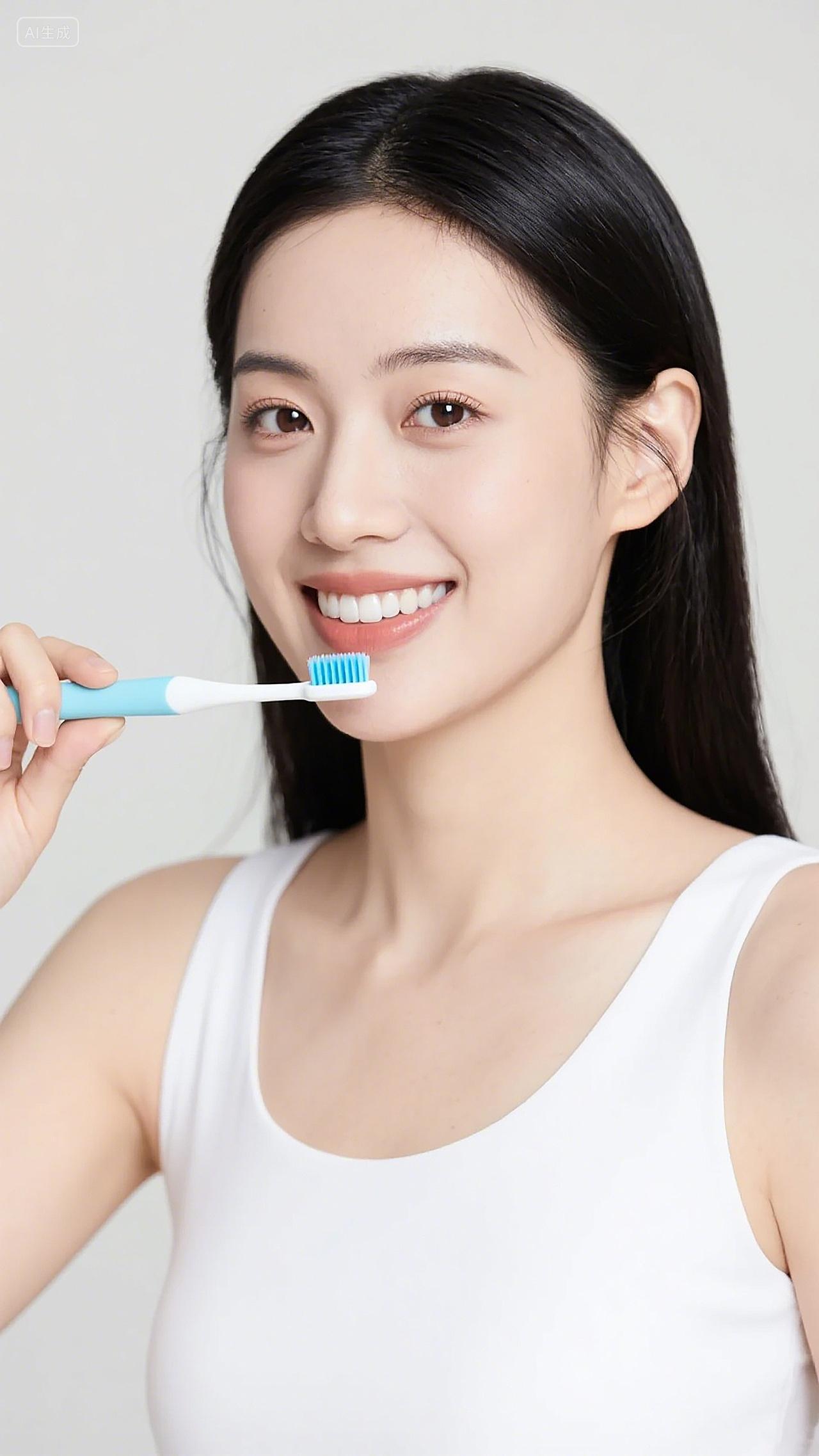 刷牙护齿人物素材身着白色上衣女性个人口腔卫生积极健康自然微笑