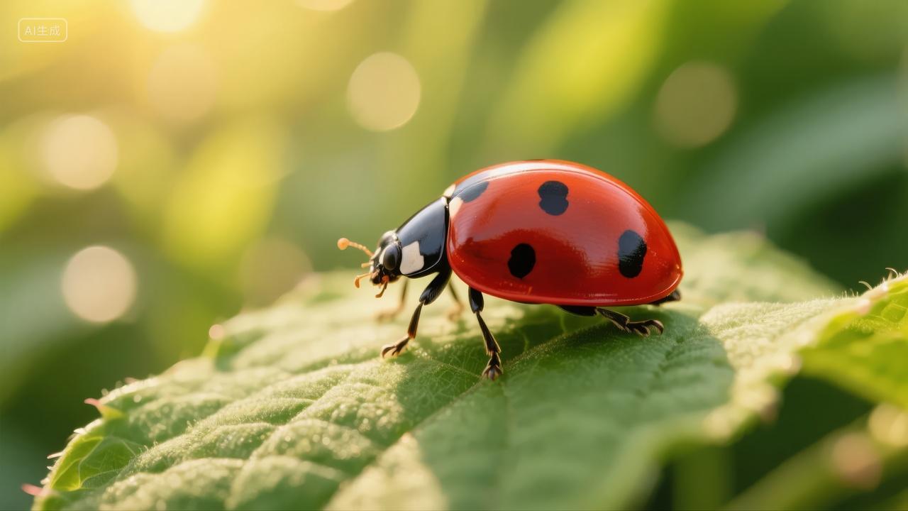 夏至节气瓢虫绿叶特写微距昆虫自然生态背景