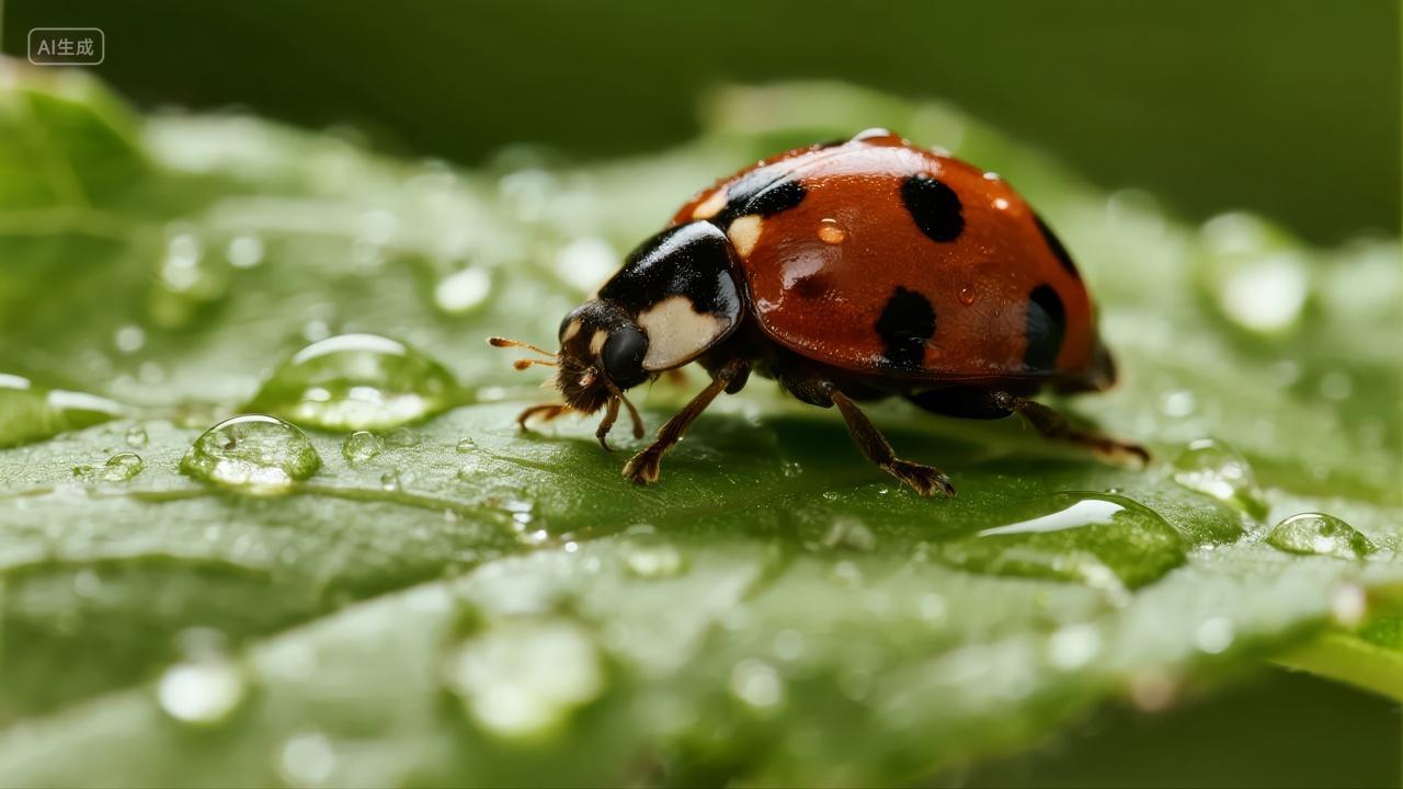 处暑节气瓢虫绿叶露珠微距自然生态背景