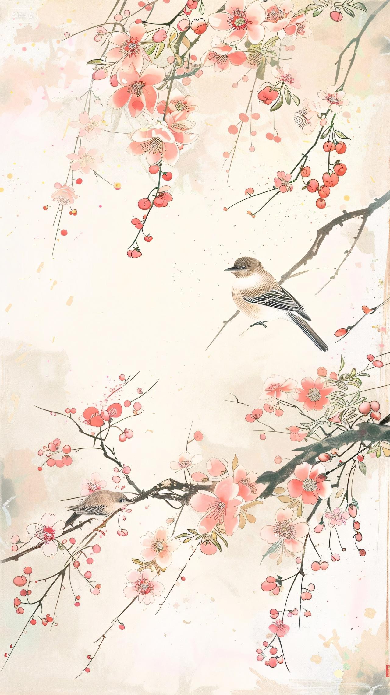 花鸟相依繁花红果小鸟绘就中式诗意