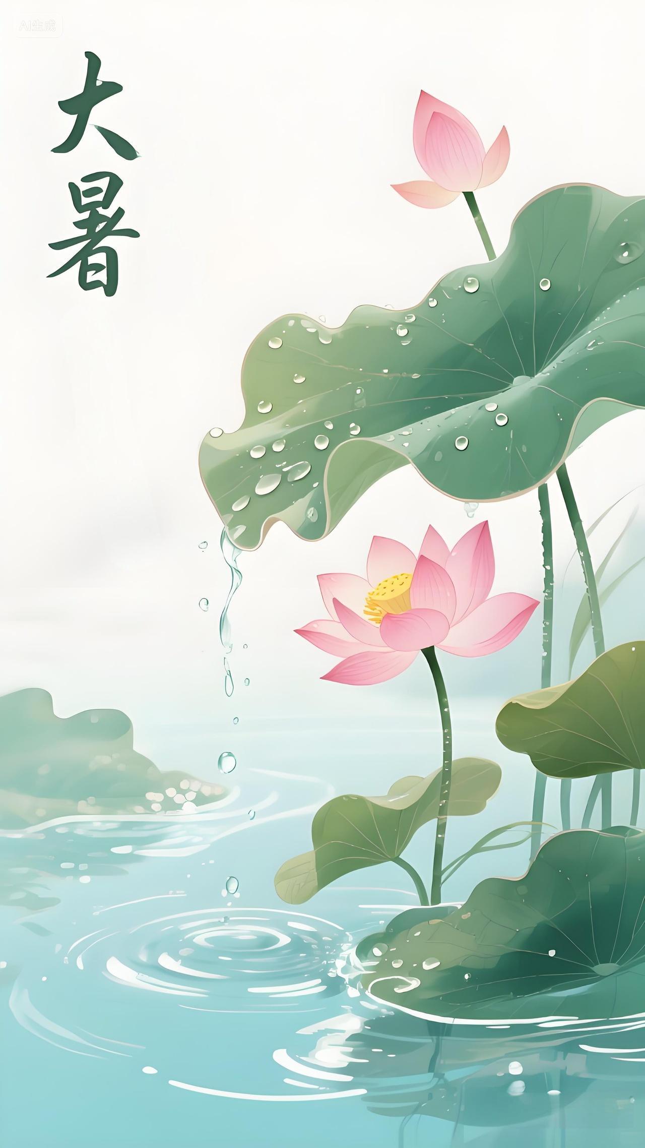 节气+大暑+插画（荷塘景致，硕大荷叶带水珠，粉荷绽放）