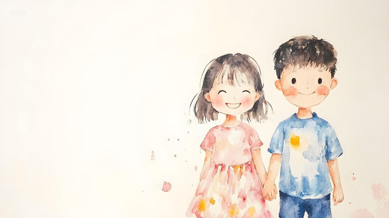 一对可爱孩童牵手画面温馨