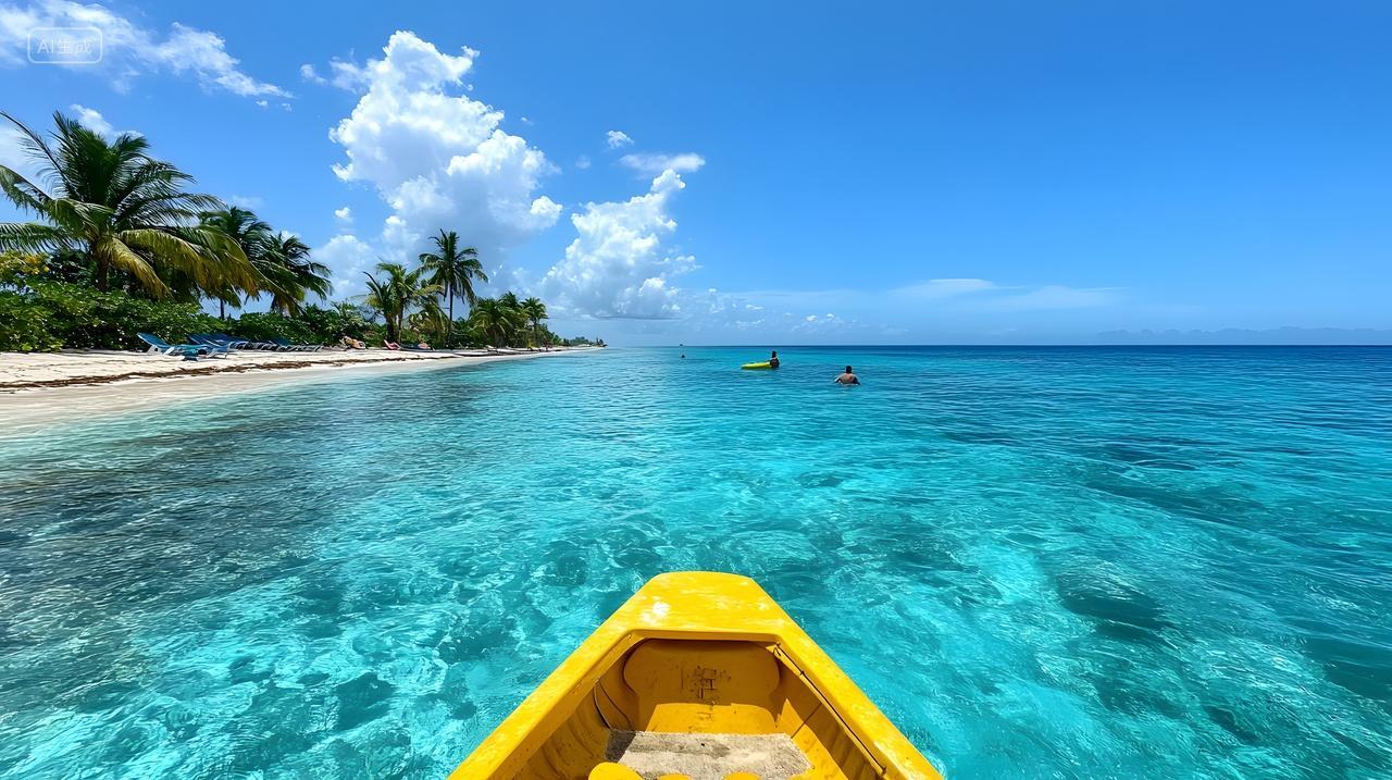 黄色小船驶向碧海白沙椰林点缀的海岸