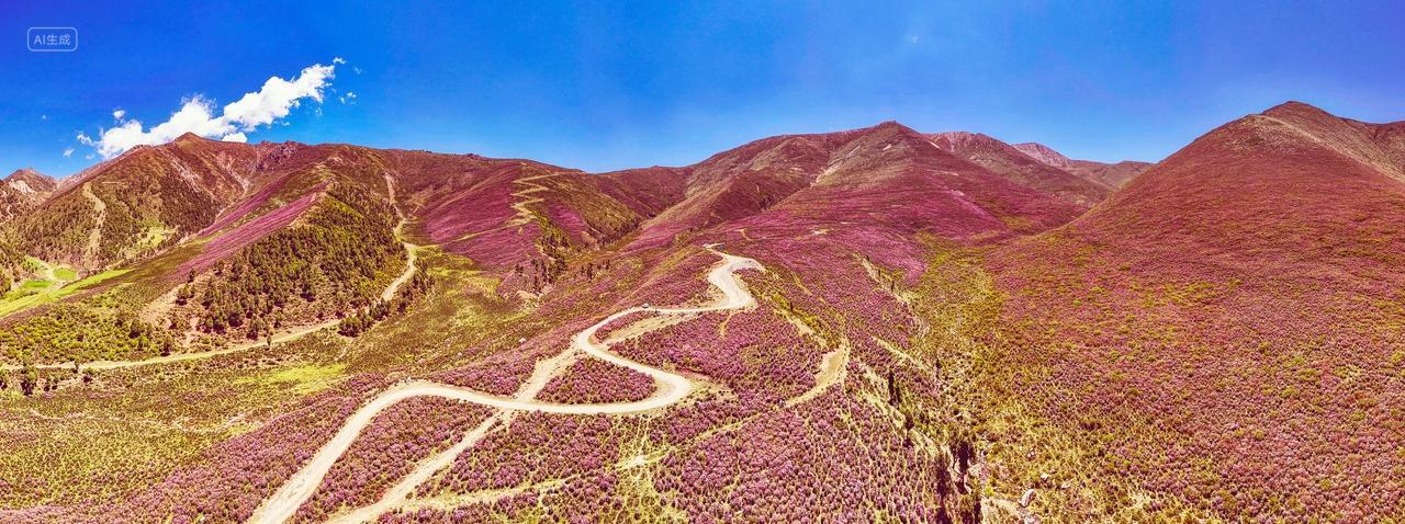 航拍青海松多杜鹃花开时节的彩色山恋