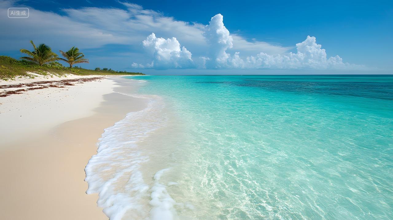 白沙滩蓝海水椰树点缀热带海滨美景