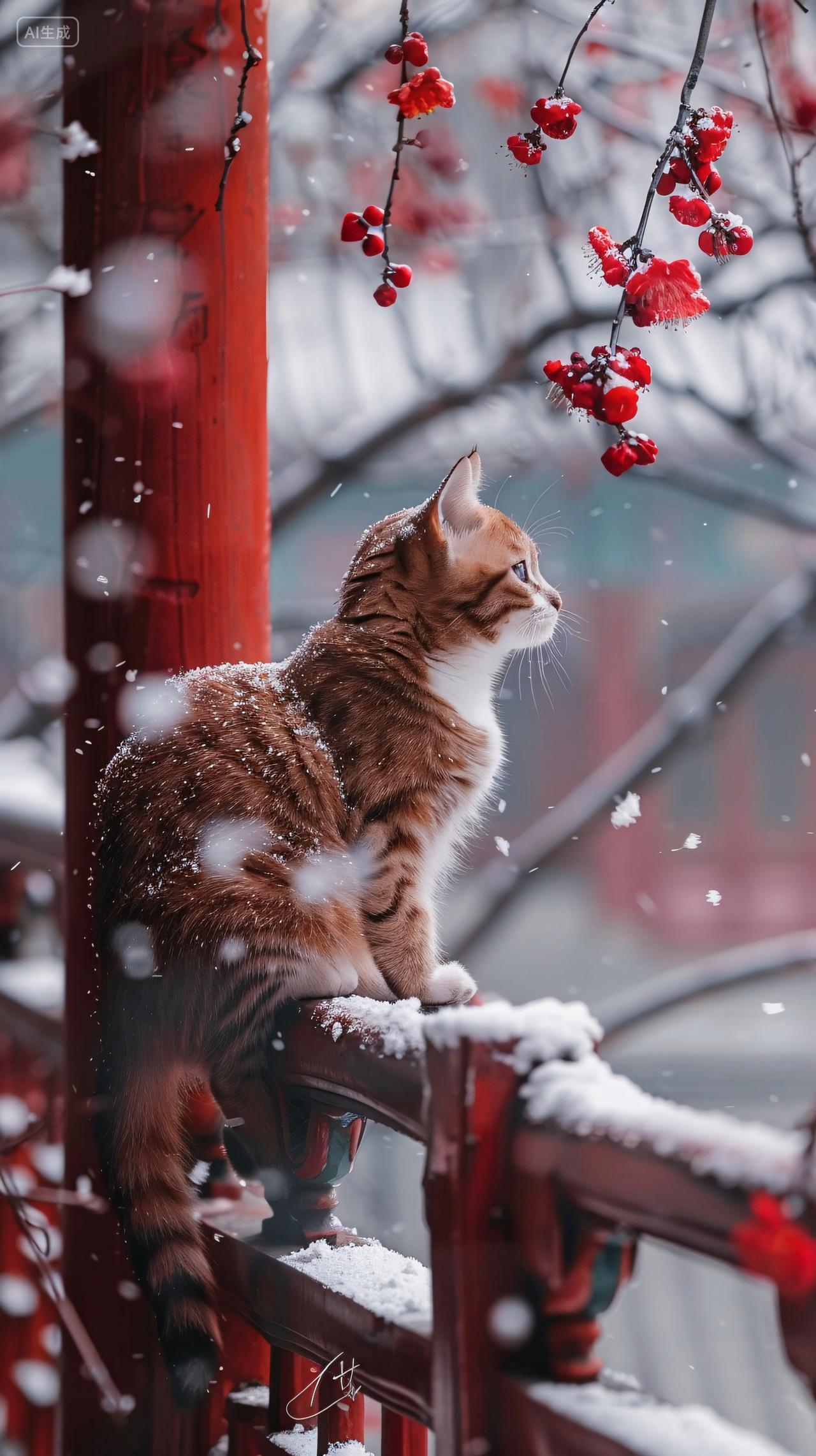 雪落红栏猫咪静赏红梅诗意满溢