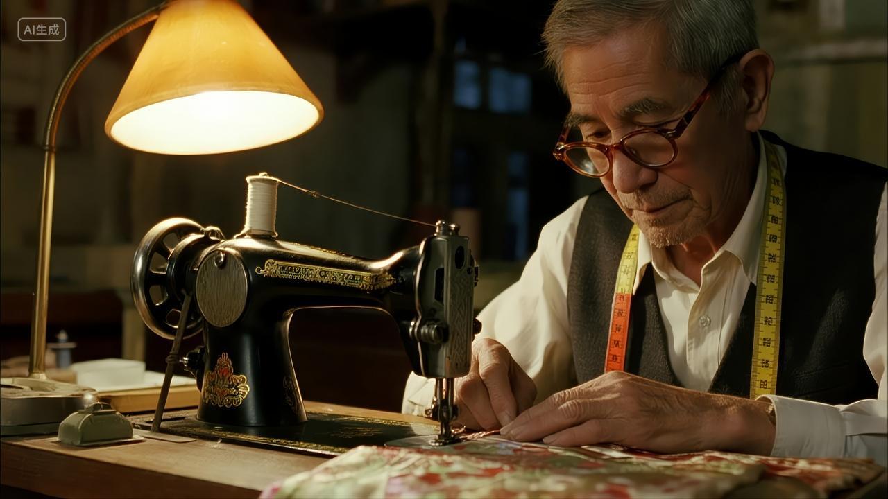 老裁缝灯下专注工作匠人精神传承背景图
