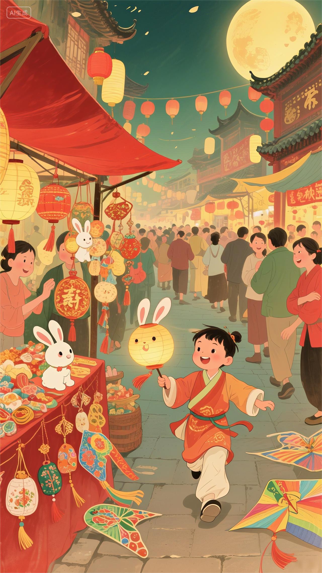 中秋节繁华热闹街景插画图