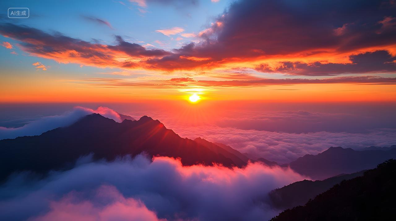 日出时分云海山峦染橙红壮丽绝美