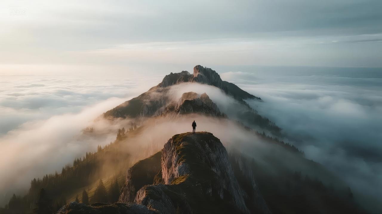 航拍山脊云海壮丽自然风景旅游背景图
