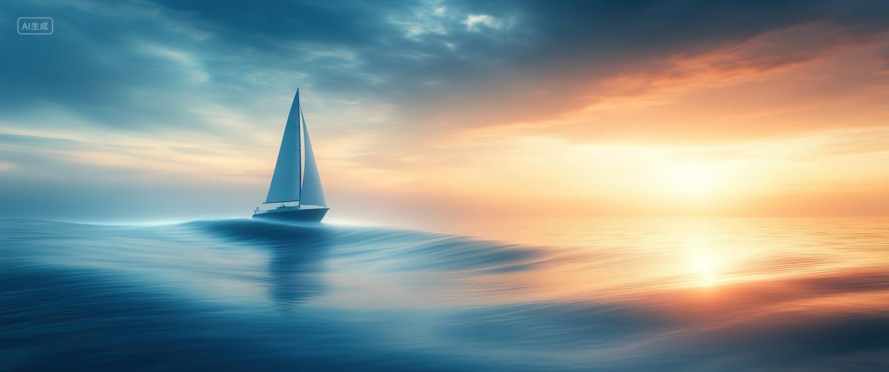 一帆风顺的海面夕阳余晖