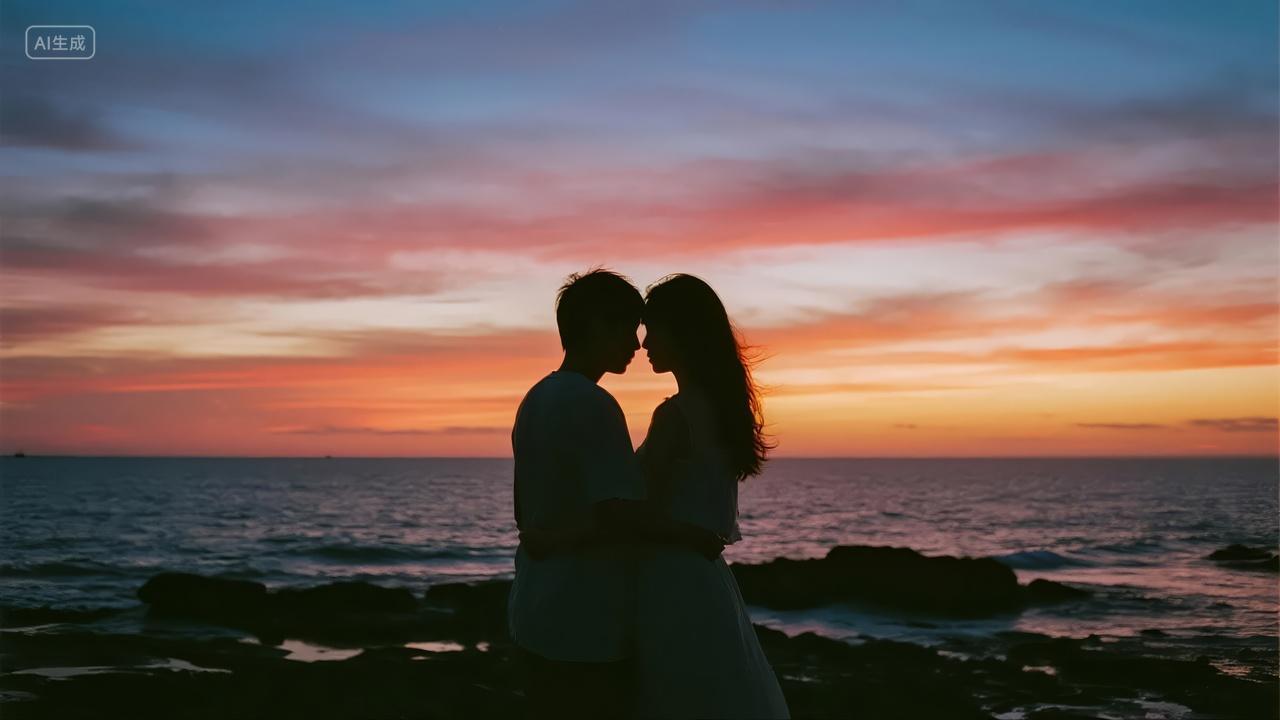 七夕节情侣海边日落亲吻浪漫爱情背景图