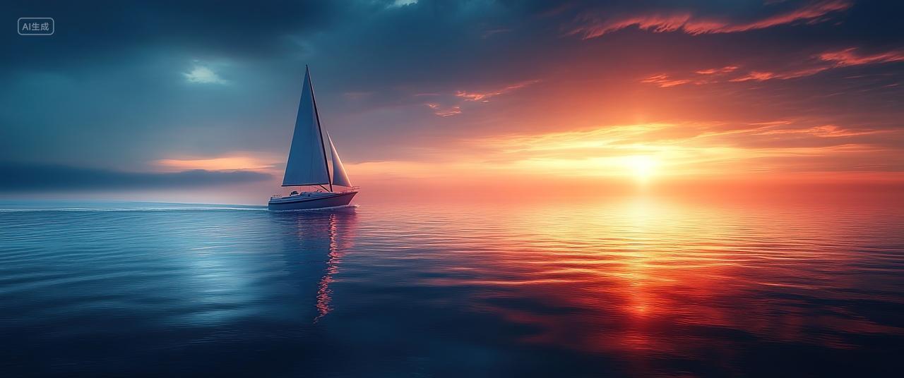 一帆风顺的海面夕阳余晖