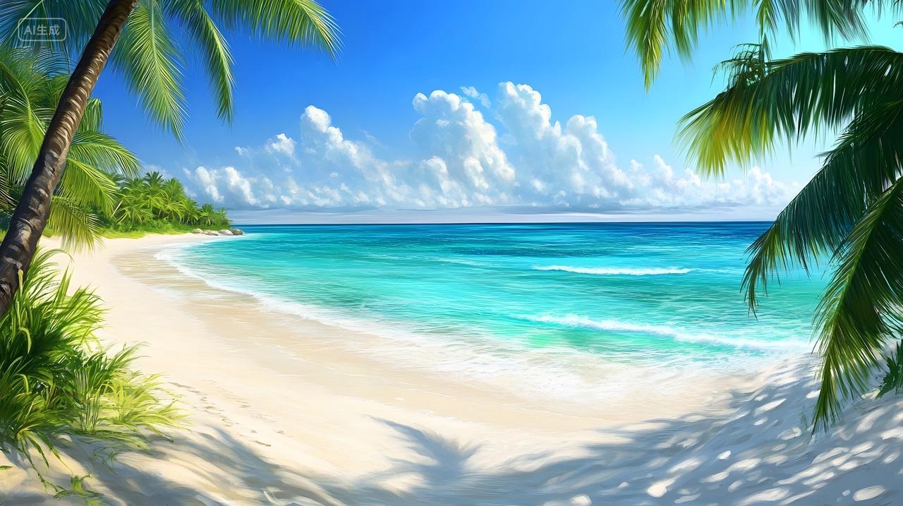 椰林环绕的碧海沙滩呈现夏日度假美景