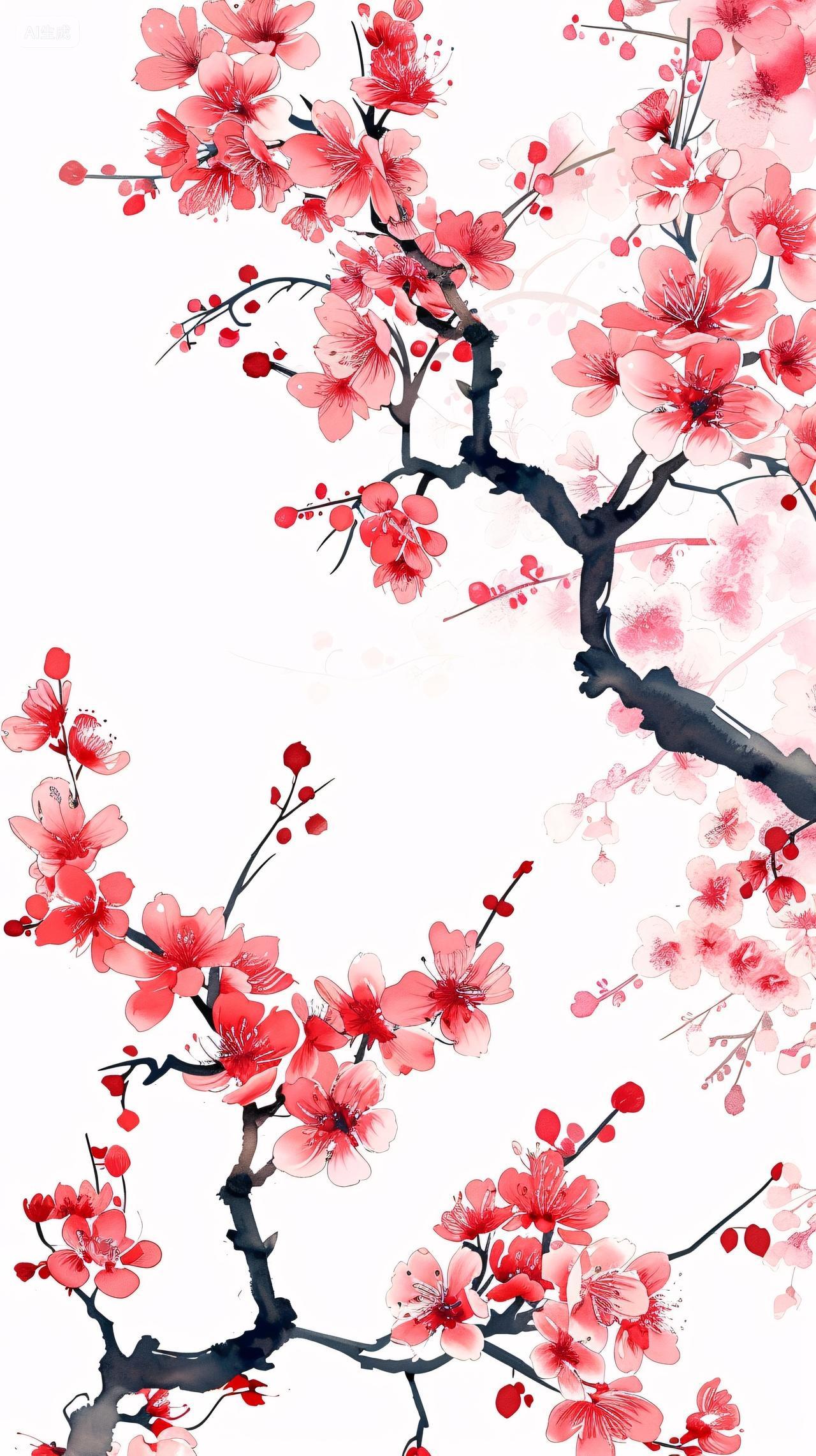 水墨红梅枝繁花盛放尽显中式雅韵