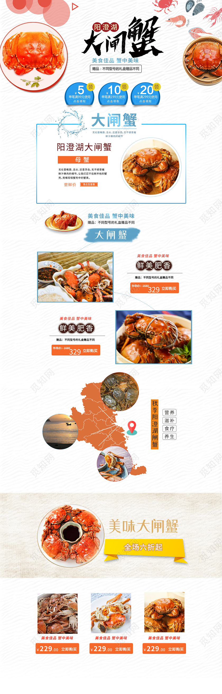 白色简约大闸蟹美食海鲜阳澄湖大闸蟹店铺促销首页模板