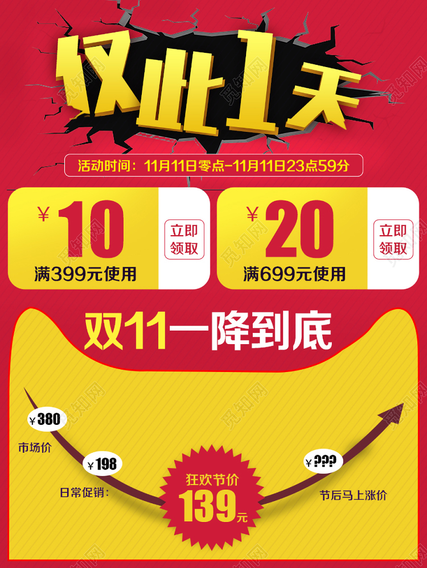 淘宝电商红色时尚风格双十一双11促销仅此1天一降到底主图