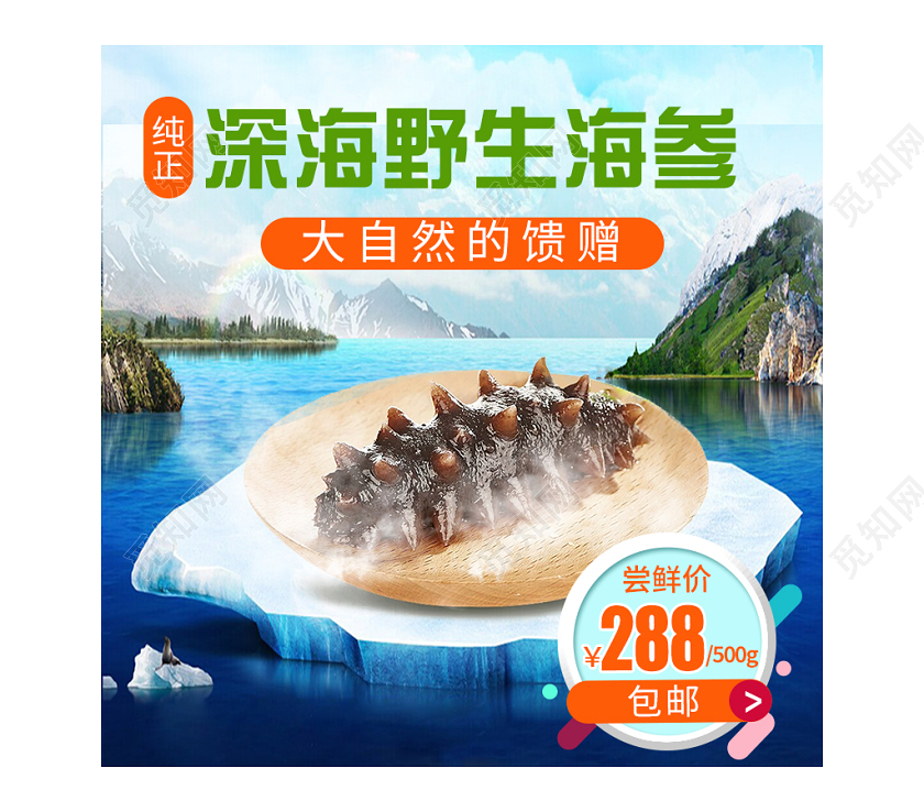 蓝绿色简约纯正深海野生海参包邮双美食生鲜主图直通车