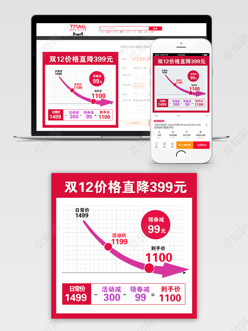 红色大气双12双十二促销活动电商主图趋势图直通车