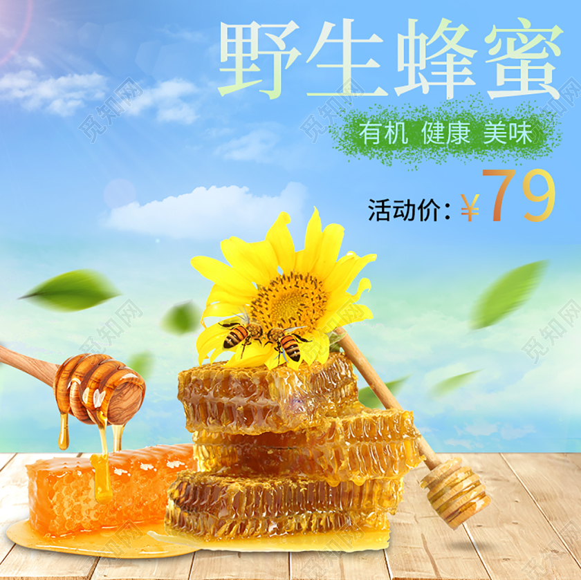 蓝色风格野生蜂蜜有机健康美味美食主图框直通车促销模板
