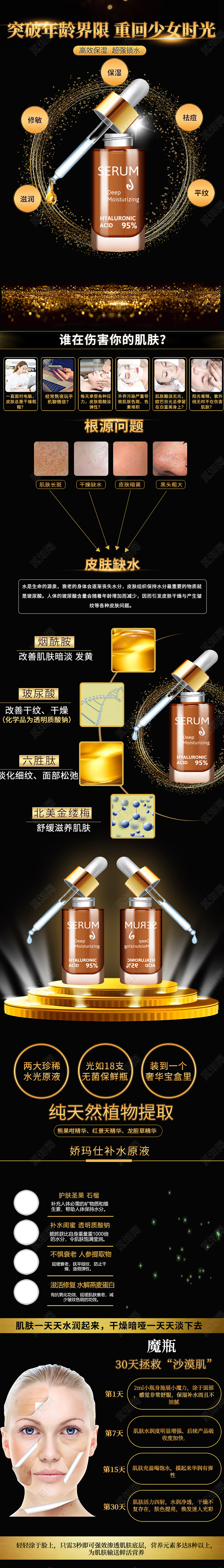 电商淘宝黑色时尚高效保湿超强锁水精华化妆品促销手机端详情模板