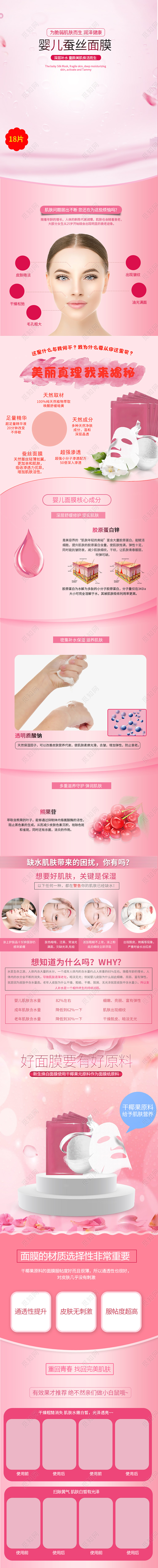 电商淘宝粉色清新婴儿蚕丝面膜化妆品促销手机端详情模板