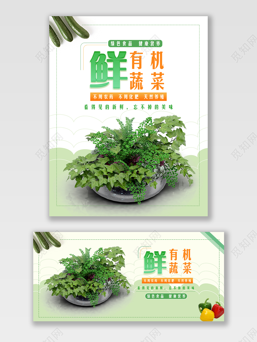 绿色简约风格新鲜有机蔬菜绿色食品健康营养淘宝电商促销海报