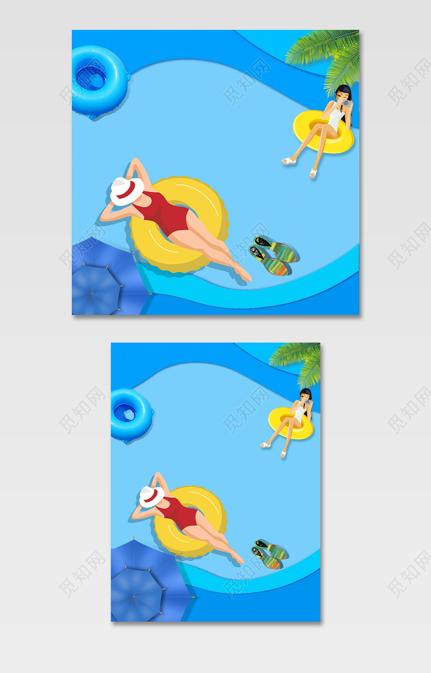 蓝色手绘创意泳池夏日度假商品电商主图