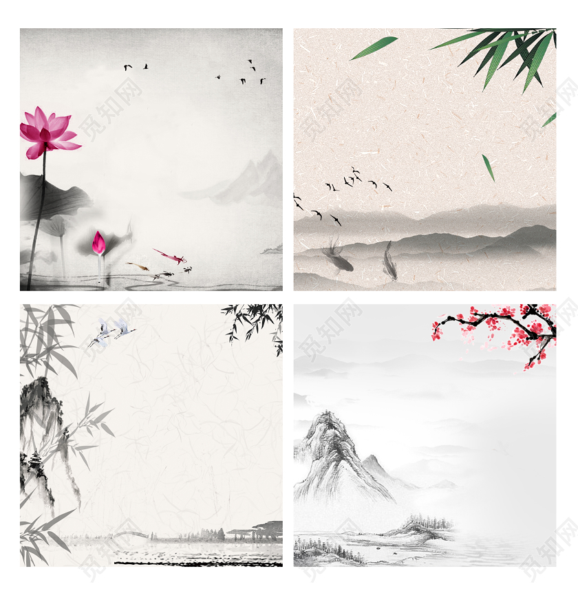 浅色中国风风格水墨山水荷花竹子活动背景促销主图直通车