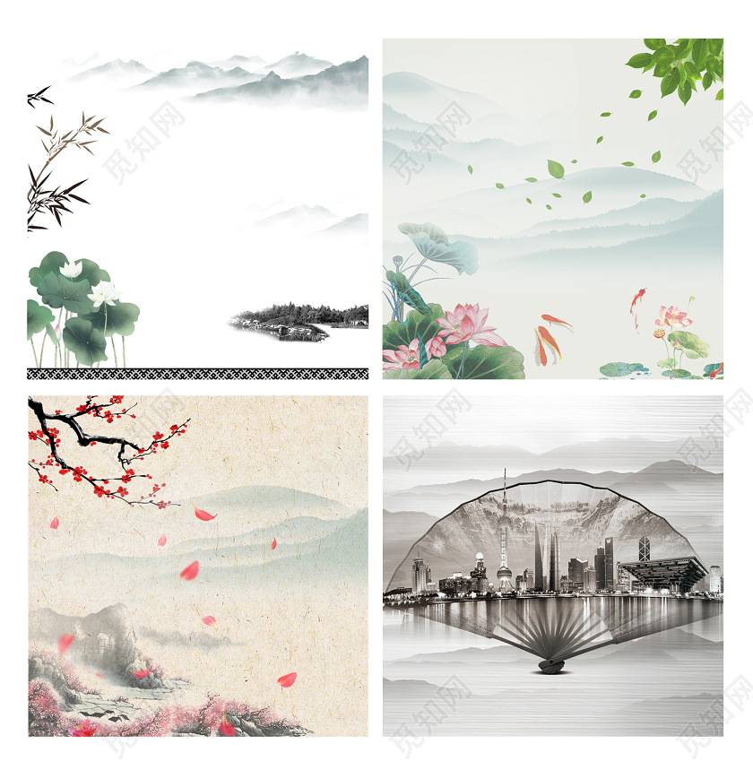 浅色中国风风格水墨山水荷花桃花活动背景促销主图直通车