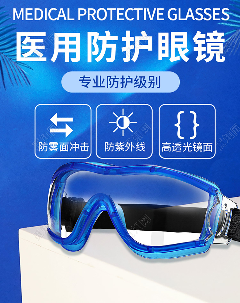 电商淘宝蓝色时尚简约医用防护眼镜疫情用品促销手机端模板